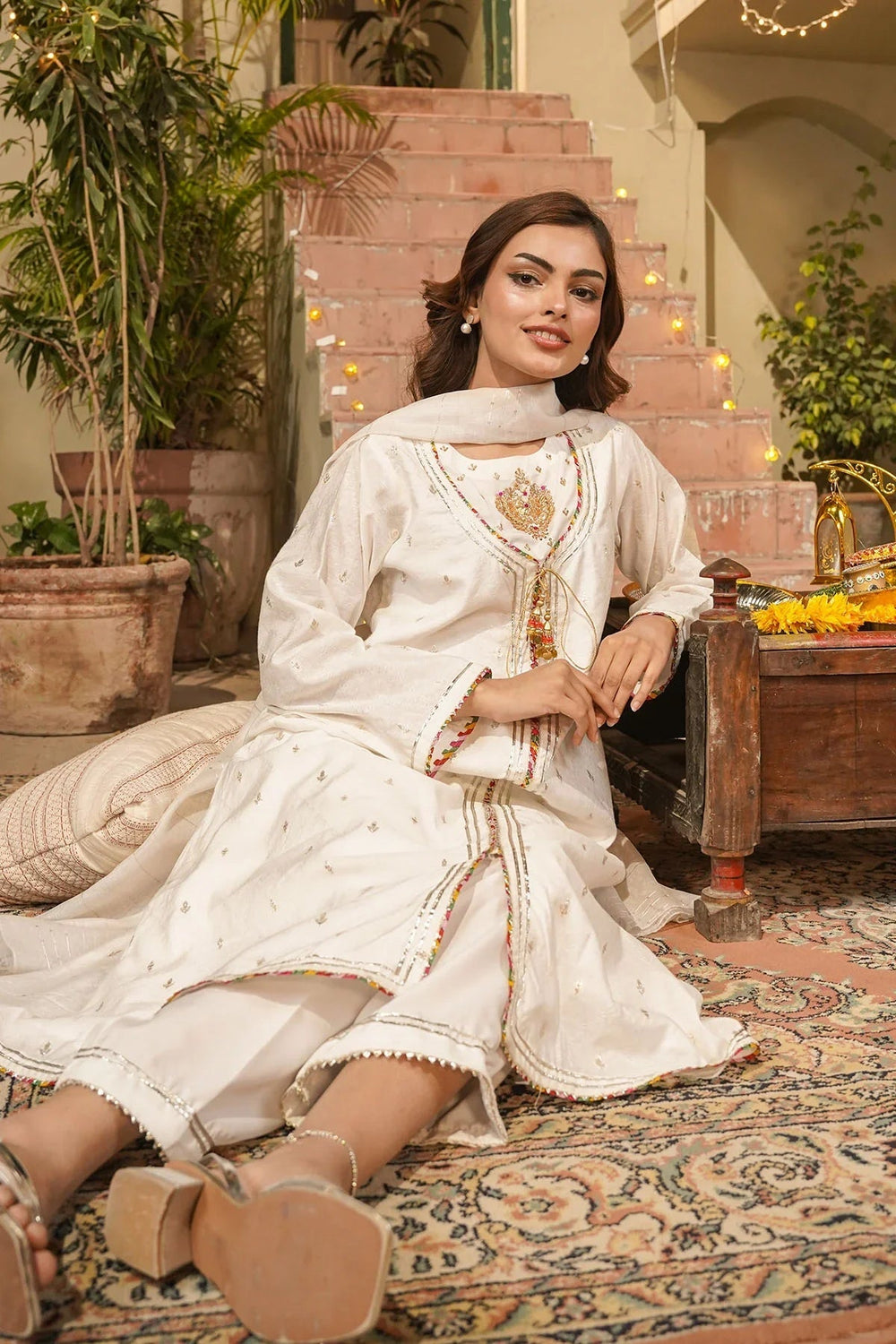 Ochre Women RTW Jacquard 3 Piece Suit Ivory White Viscose Jacquard Hand Adda Work 3 Pc Suit - Festive Collection