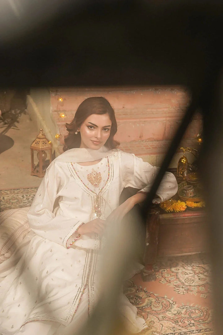 Ochre Women RTW Jacquard 3 Piece Suit Ivory White Viscose Jacquard Hand Adda Work 3 Pc Suit - Festive Collection