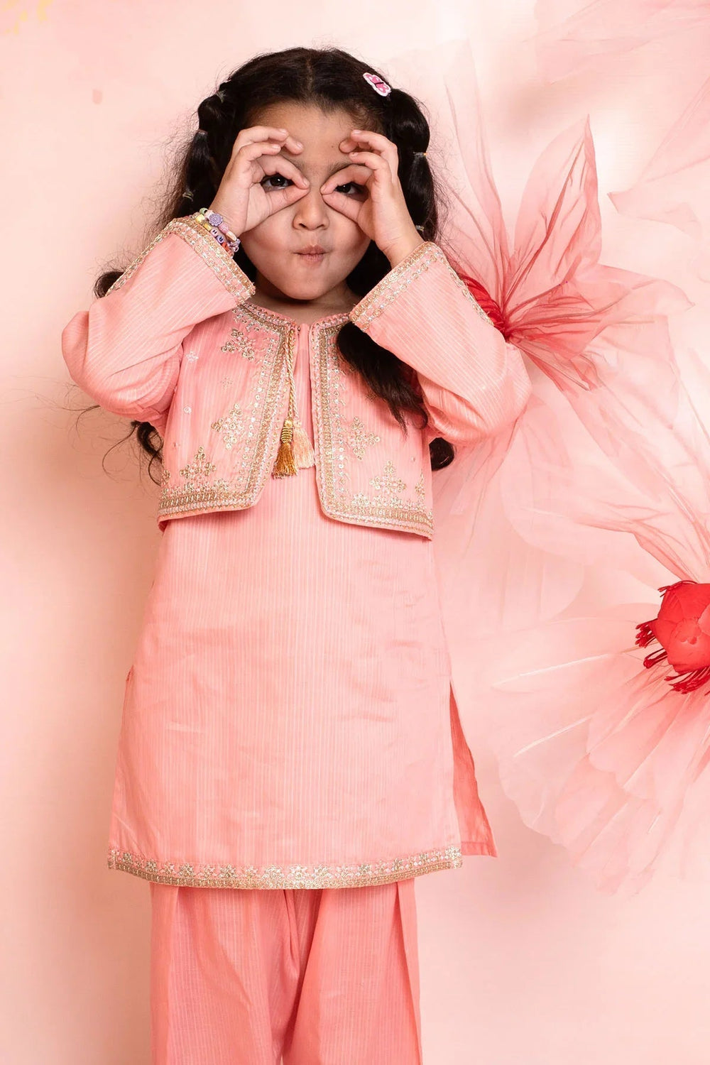 Ochre Girls RTW Cotton 3 Piece Suit Peach Cotton Kurta With Embroidered Koti - Festive Collection
