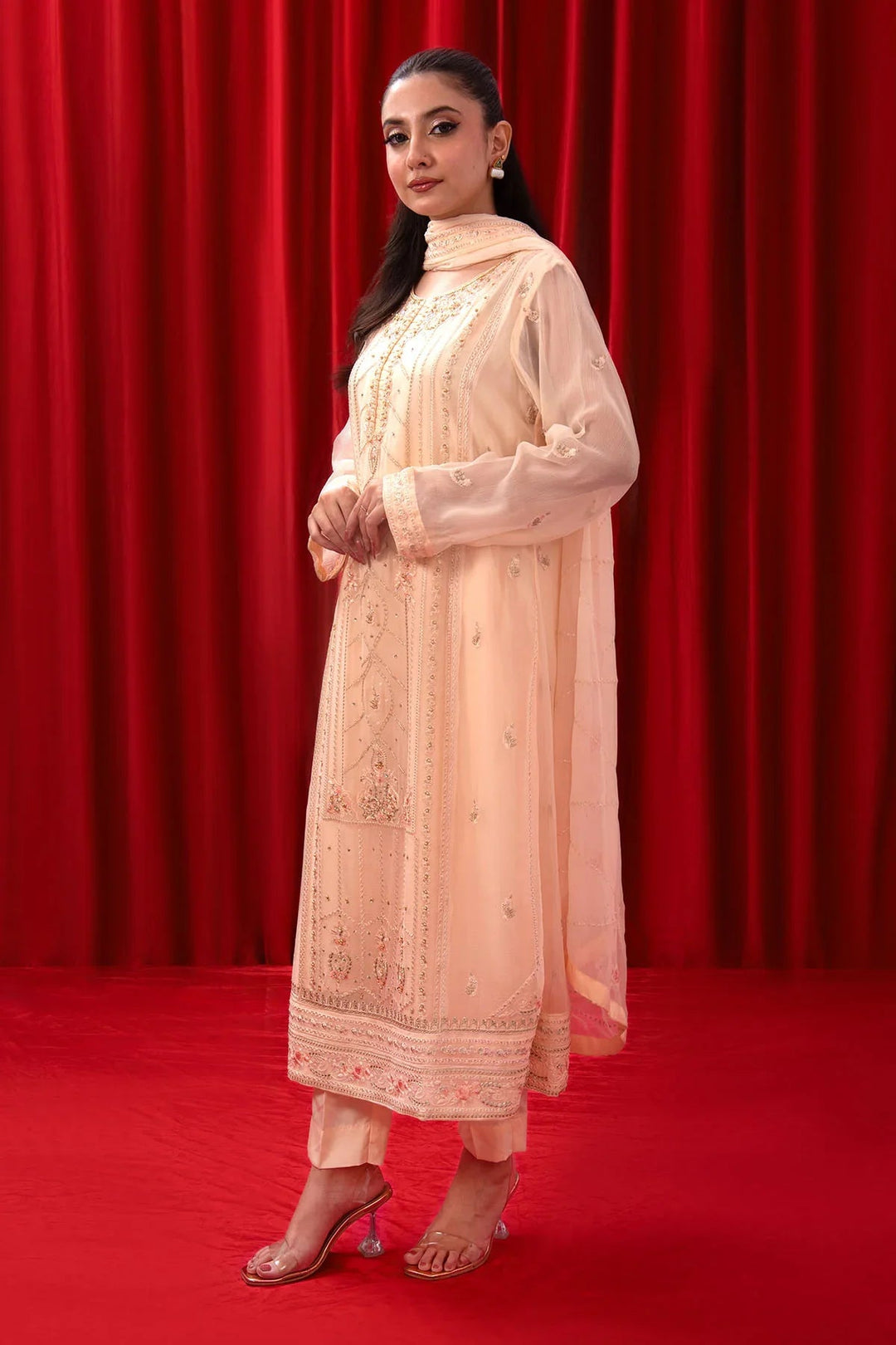 Ochre RTW Embroidered Girls 3 Piece Chiffon Adda Work SOF-07 - Summer Collection