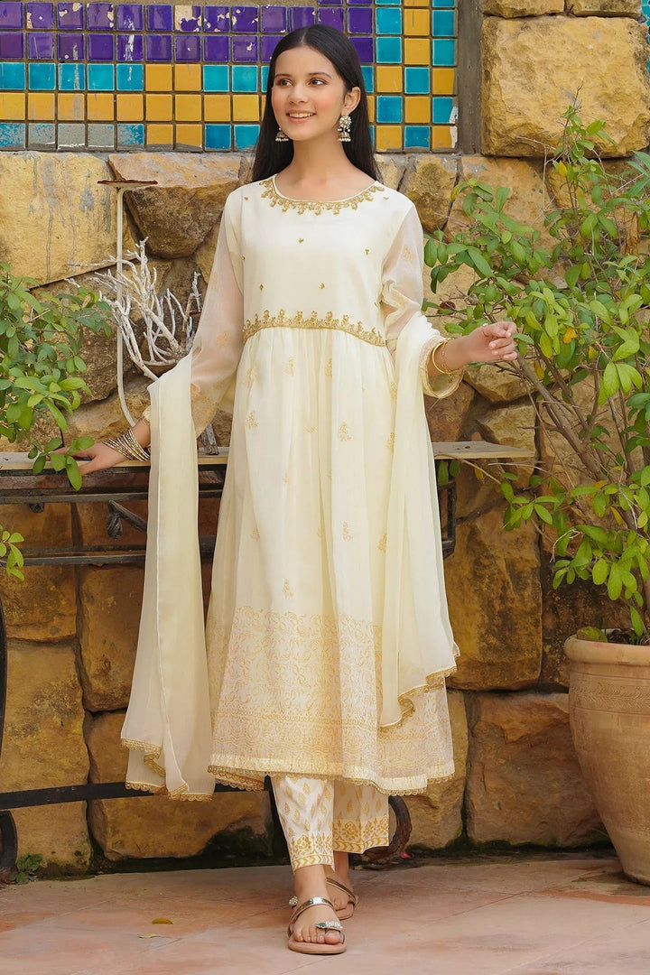 Ochre RTW Embroidered Girls 3 Piece Chiffon Hand Adda Work OFW-MAX-15 - Summer Collection