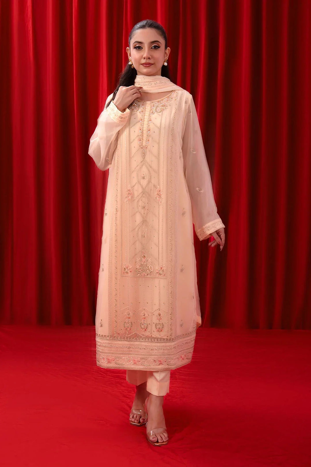 Ochre RTW Embroidered Girls 3 Piece Chiffon Adda Work SOF-07 - Summer Collection