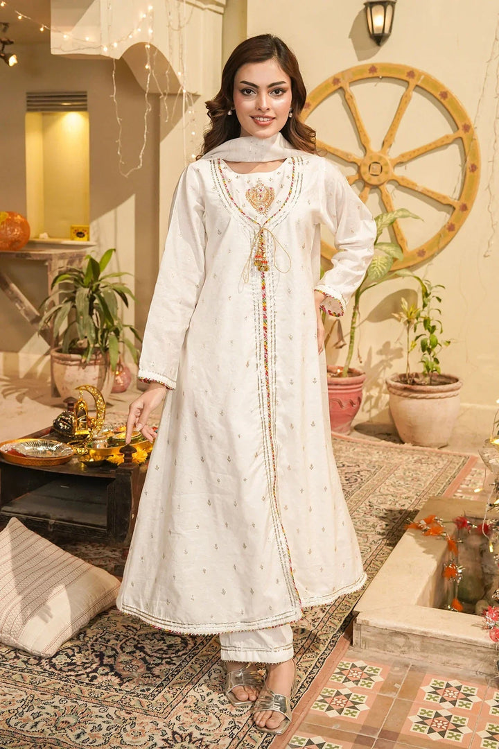 Ochre Women RTW Jacquard 3 Piece Suit Ivory White Viscose Jacquard Hand Adda Work 3 Pc Suit - Festive Collection