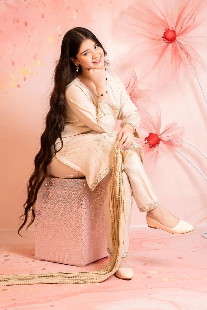 Ochre Girls RTW Cotton 3 Piece Suit Beige Cey Cotton Kurta With Embroidery - Festive Collection