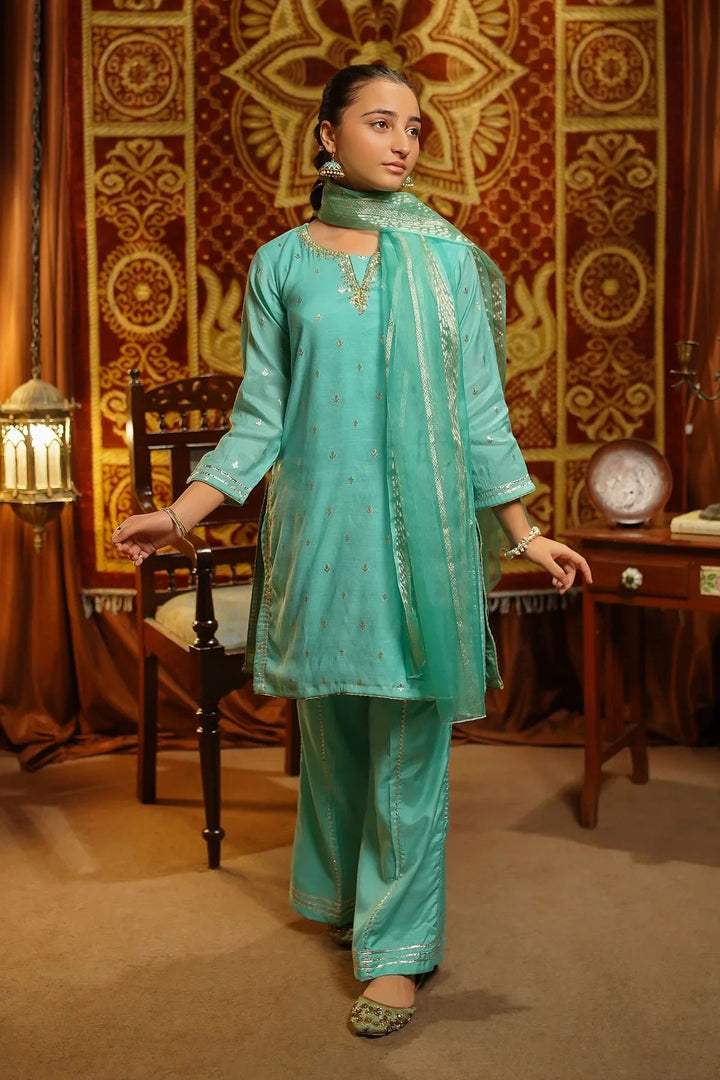 Ochre Girls Pret  Viscose Jacquard Hand Adda Work 3 Piece Suit EX-13 - Winter Collection