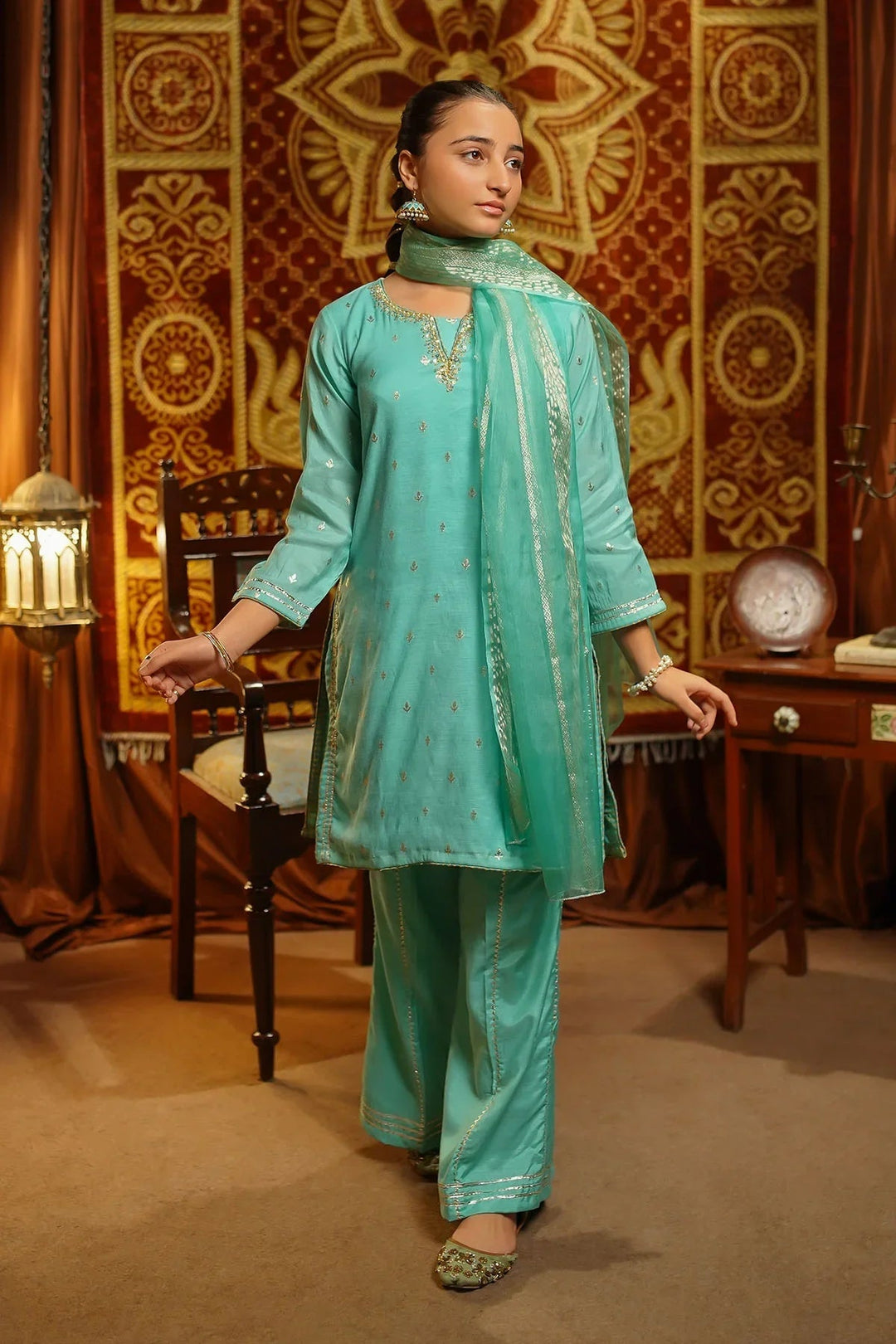 Ochre Girls Pret  Viscose Jacquard Hand Adda Work 3 Piece Suit EX-13 - Winter Collection