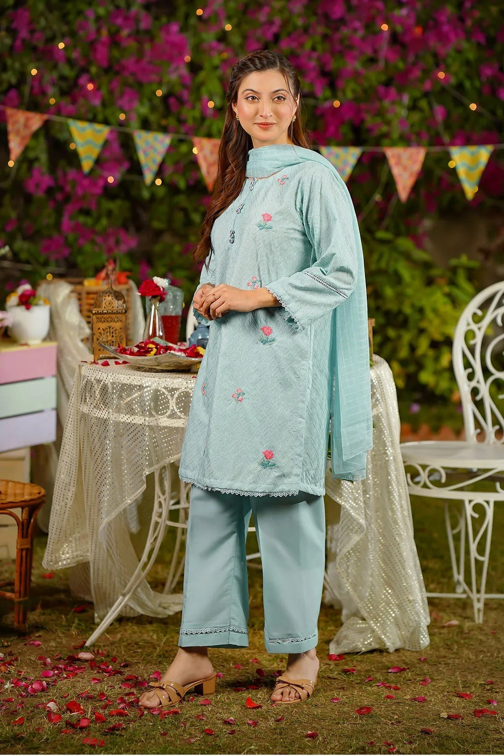 Ochre Women RTW Chikankari 3 Piece Suit Blue Chikankari Embroidered 3 Pc Suit - Festive Collection