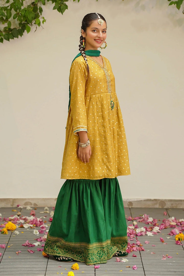 Ochre RTW Embroidered Girls 3 Piece Slub Manar Hand Adda Work MHD-08 - Summer Collection