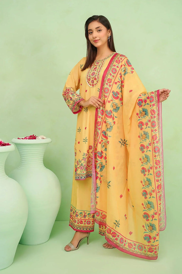 Ochre Women RTW Lawn 3 Piece Suit Mustard Yellow Poly Lawn Digital Printed 3 Pc Suit - Festive Collection