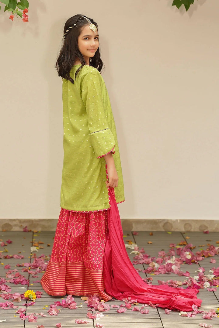 Ochre RTW Embroidered Girls 3 Piece Slub Manar Hand Adda Work MHD-07 - Summer Collection