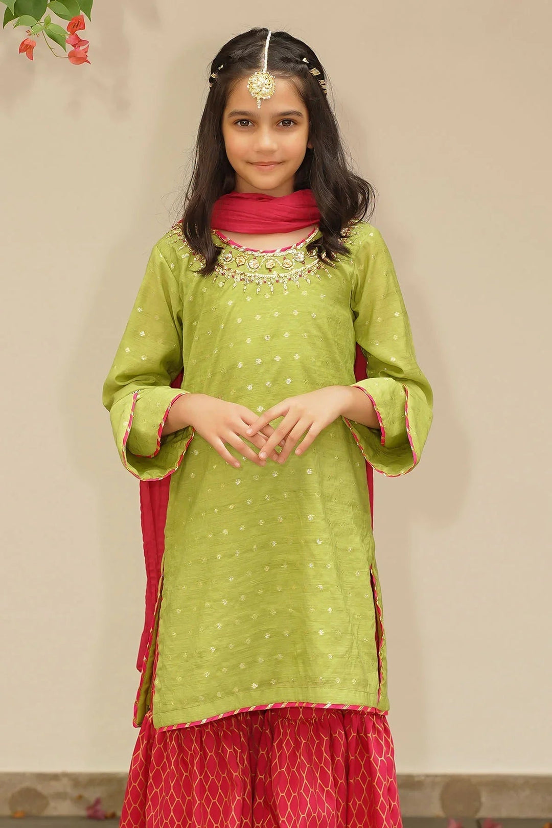 Ochre RTW Embroidered Girls 3 Piece Slub Manar Hand Adda Work MHD-07 - Summer Collection