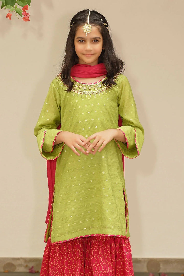 Ochre RTW Embroidered Girls 3 Piece Slub Manar Hand Adda Work MHD-07 - Summer Collection