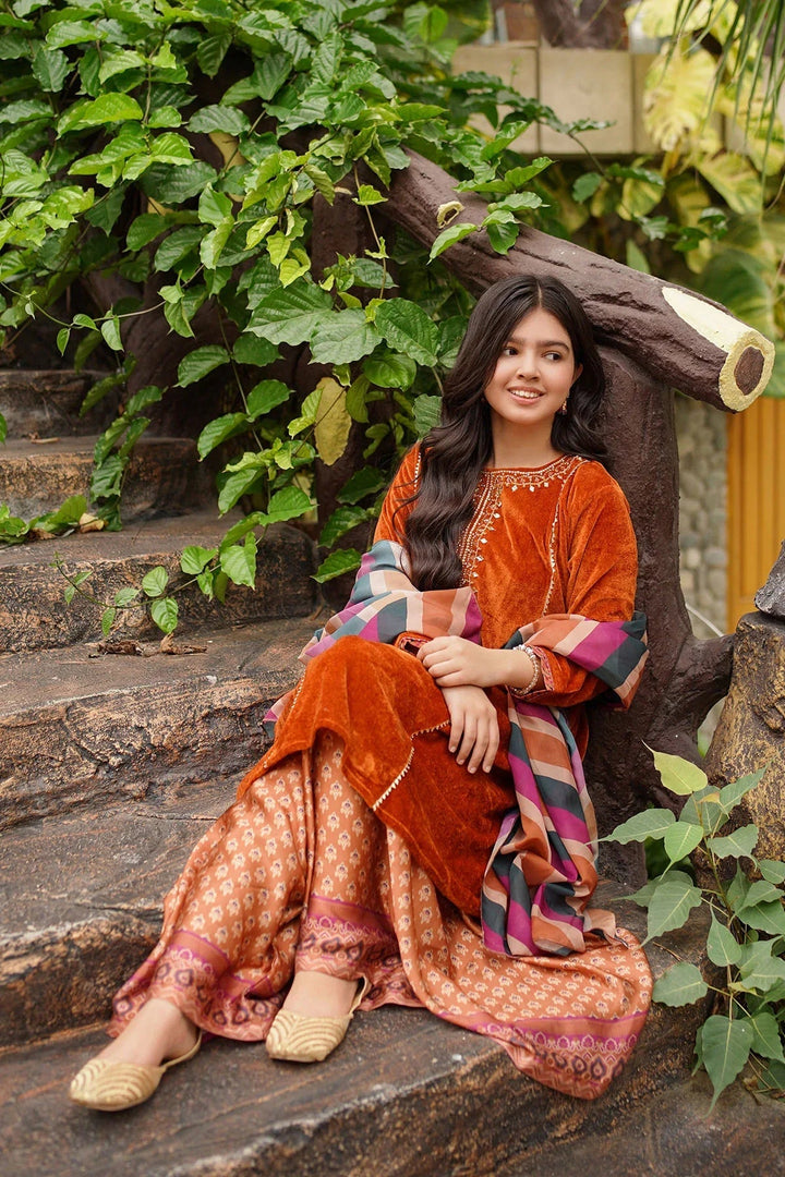 Ochre RTW Embroidered Girls 3 Piece Velvet Hand Adda Work OVF-41 - Winter Collection