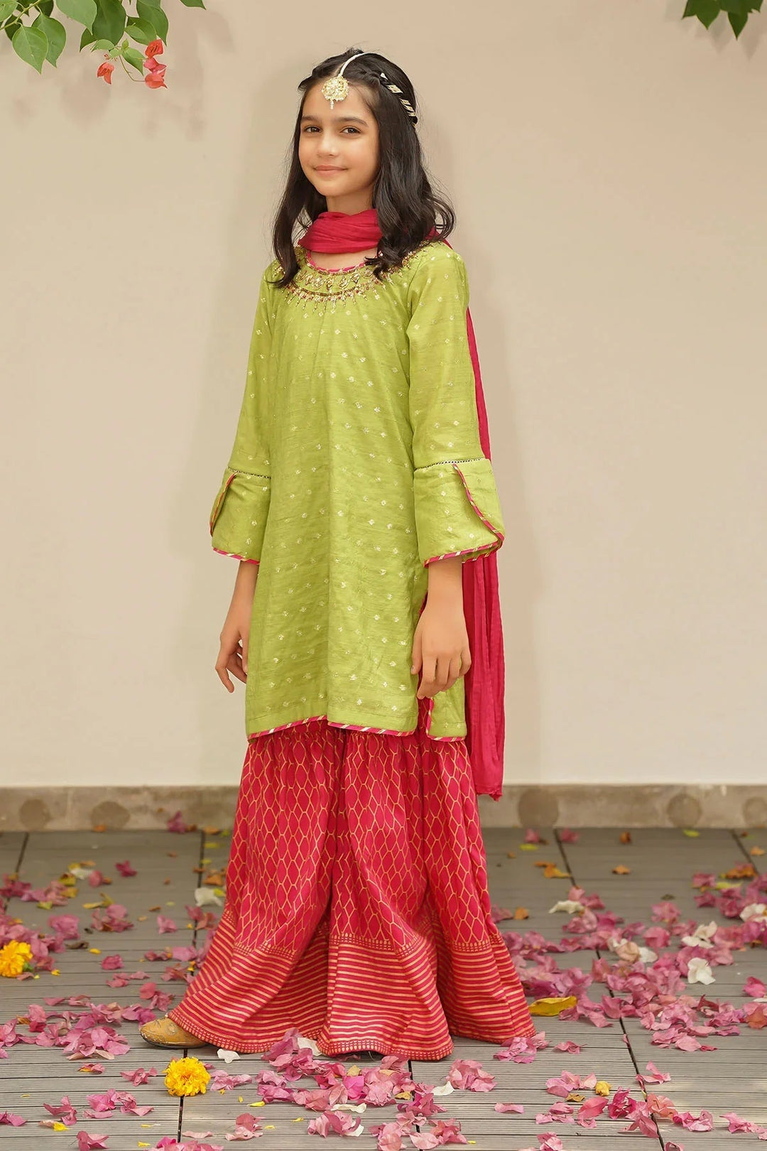 Ochre RTW Embroidered Girls 3 Piece Slub Manar Hand Adda Work MHD-07 - Summer Collection