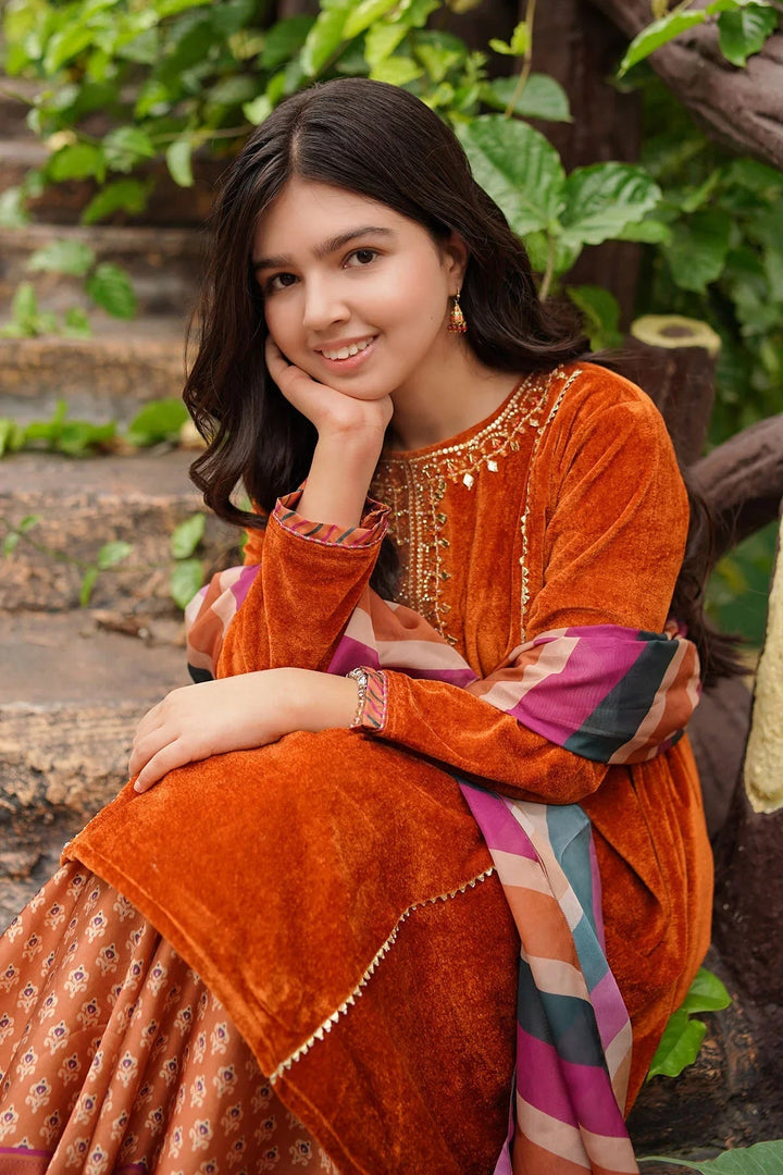 Ochre RTW Embroidered Girls 3 Piece Velvet Hand Adda Work OVF-41 - Winter Collection