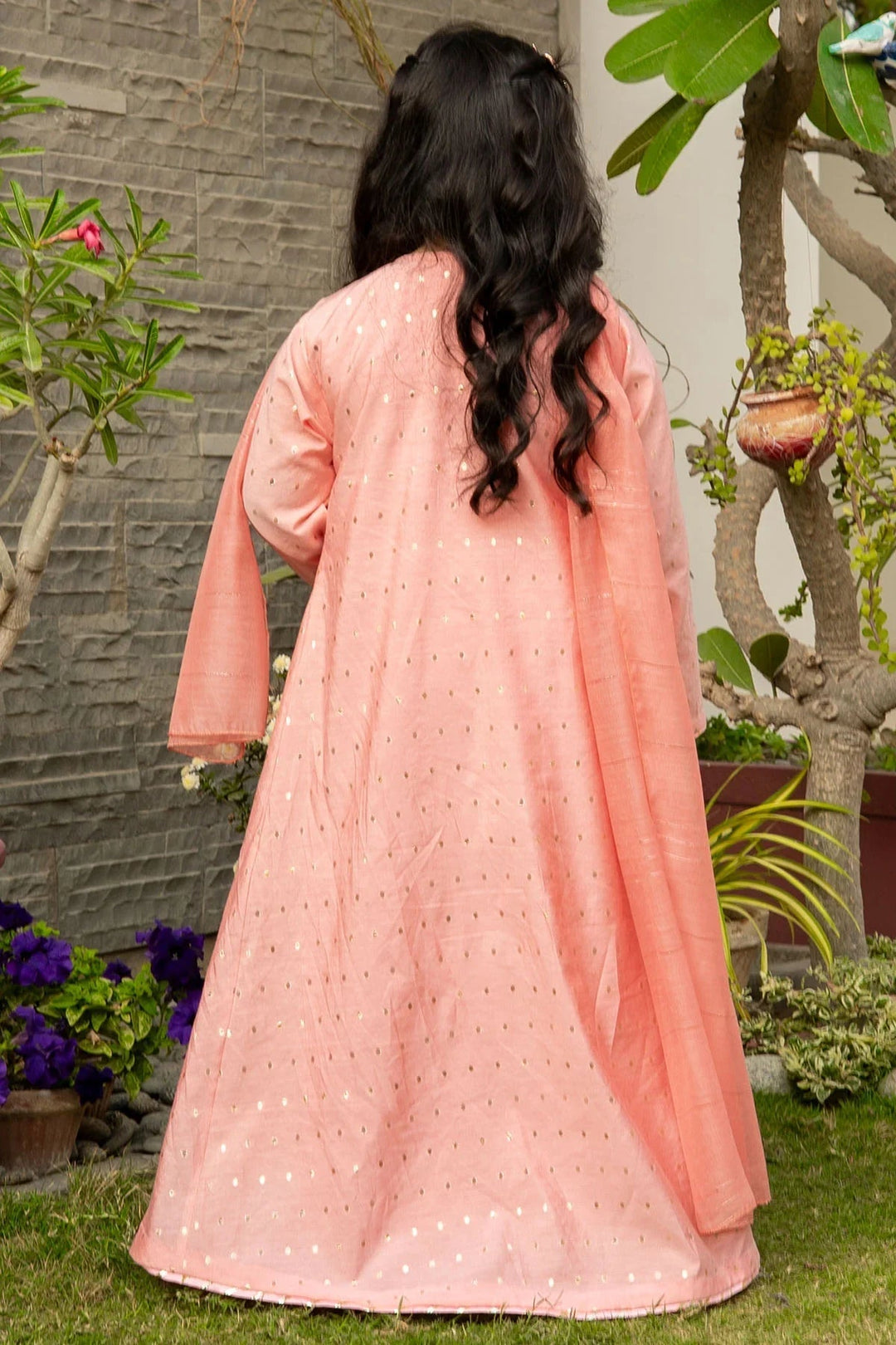 Ochre Girls RTW Jacquard 3 Piece Suit Peach Viscose Jacquard Maxi With Hand Adda Work Tassels Gota Laces and Malai Crepe Inner - Festive Collection