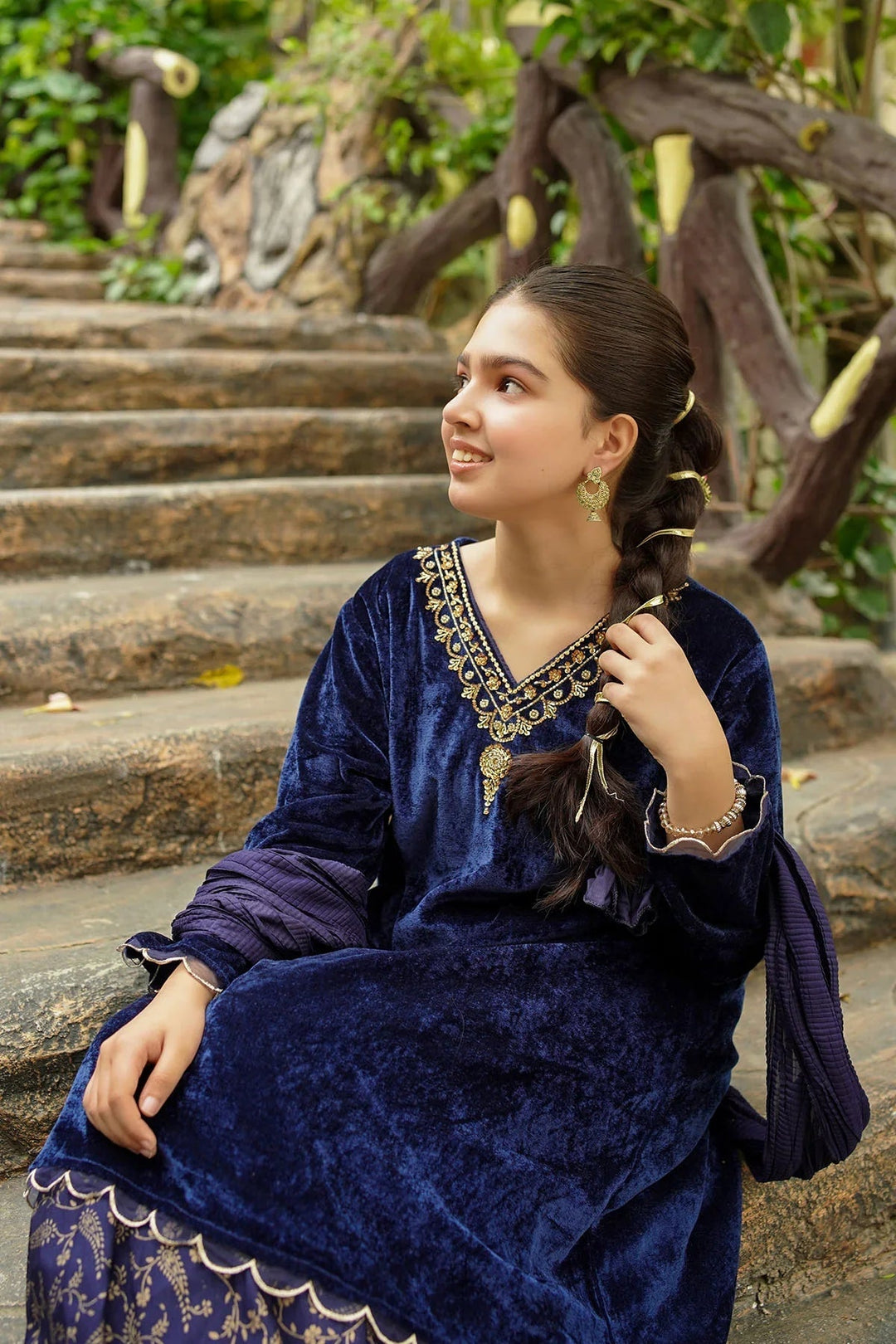 Ochre RTW Embroidered Girls 3 Piece Velvet Hand Adda Work OVF-40 - Winter Collection