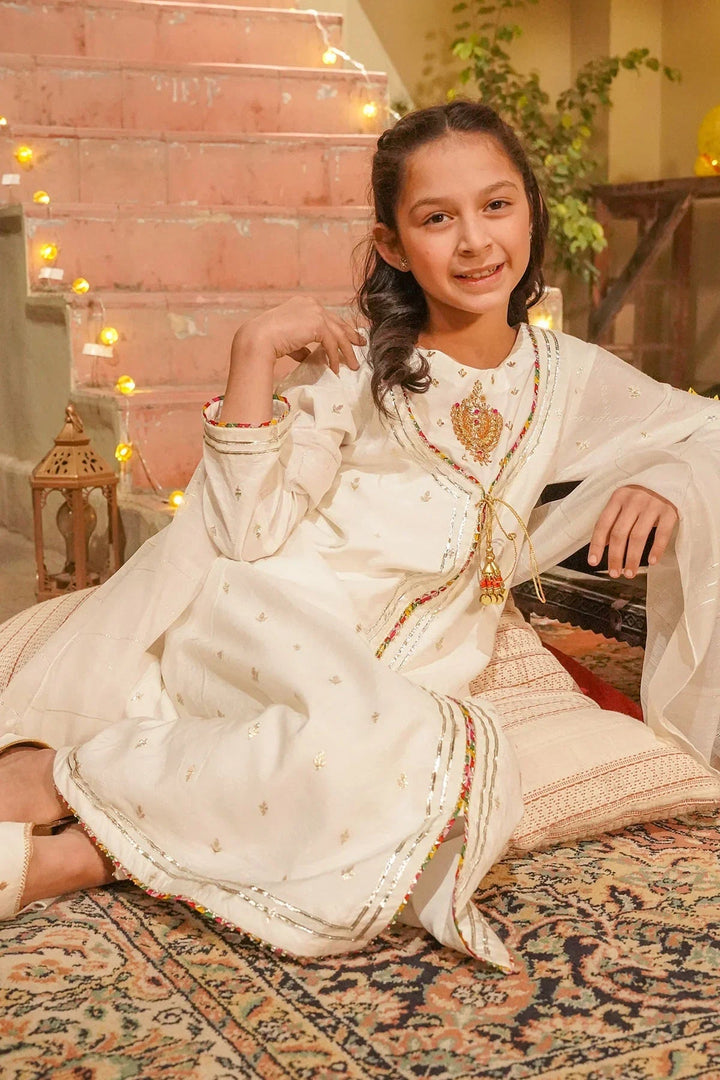 Ochre Girls RTW Jacquard 3 Piece Suit Ivory White Viscose Jacquard Maxi With Hand Adda Work Tassels Gota Laces With Malai Crepe Lining - Festive Collection