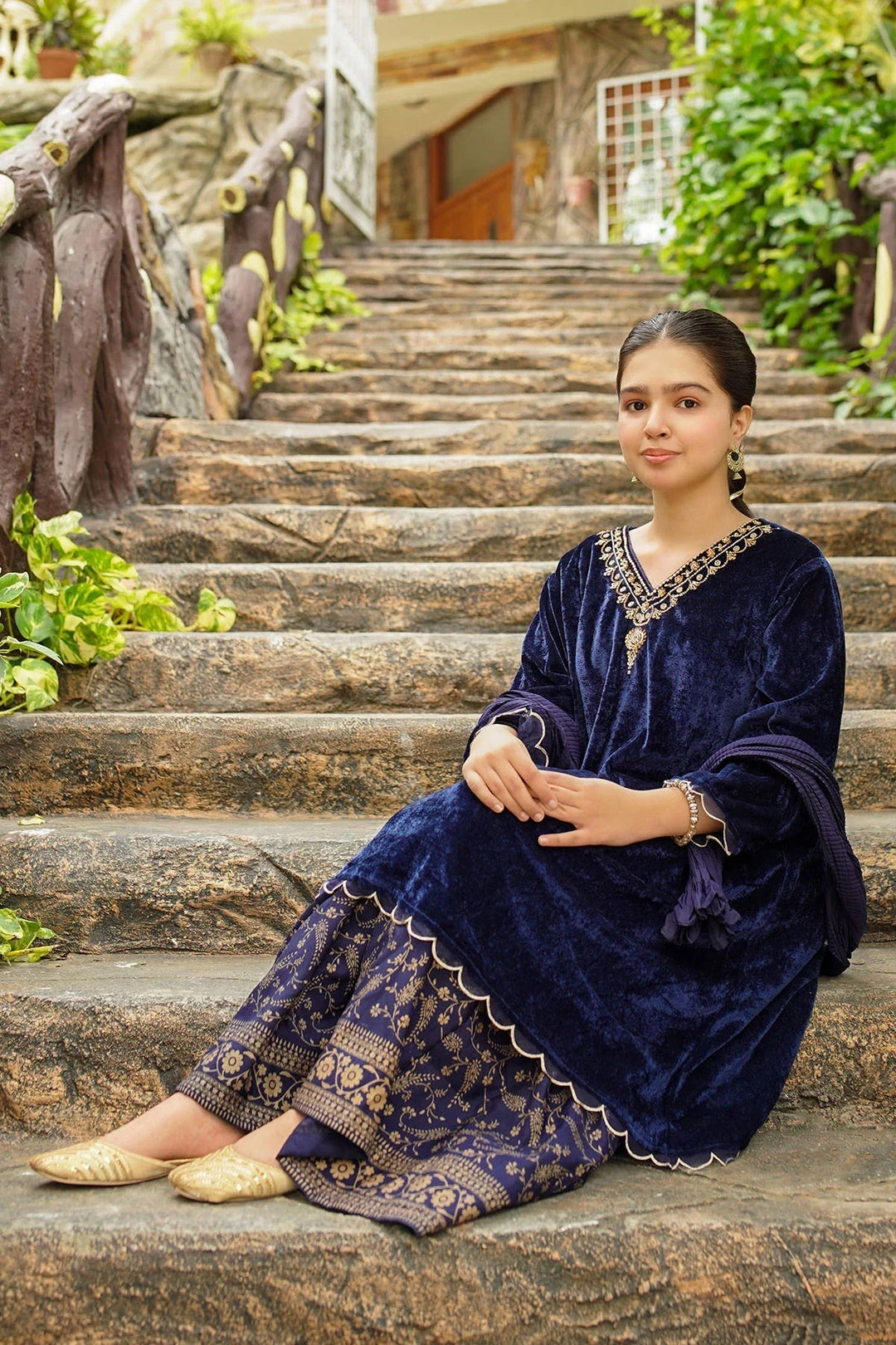 Ochre RTW Embroidered Girls 3 Piece Velvet Hand Adda Work OVF-40 - Winter Collection