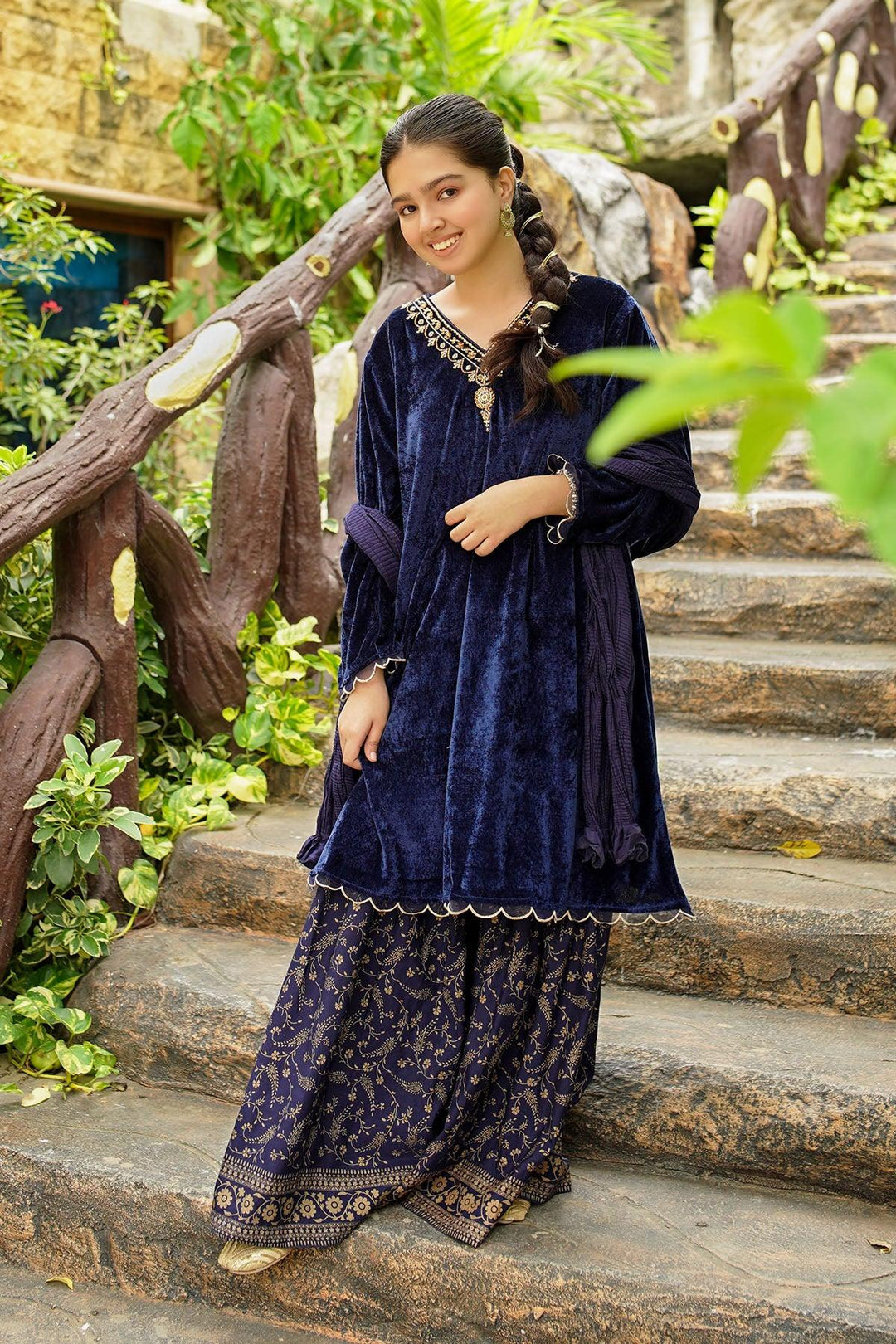 Ochre RTW Embroidered Girls 3 Piece Velvet Hand Adda Work OVF-40 - Winter Collection