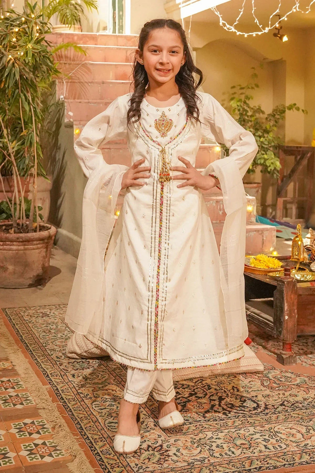 Ochre Girls RTW Jacquard 3 Piece Suit Ivory White Viscose Jacquard Maxi With Hand Adda Work Tassels Gota Laces With Malai Crepe Lining - Festive Collection