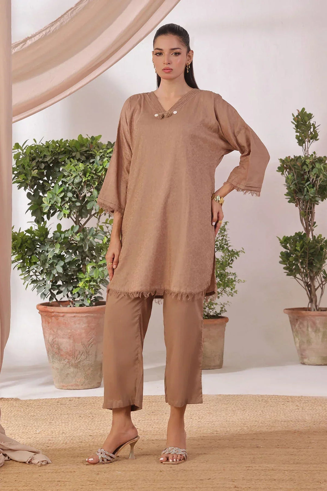 Ochre Women RTW Jacquard 2 Piece Suit Brown Cotton Jacquard - Festive Collection