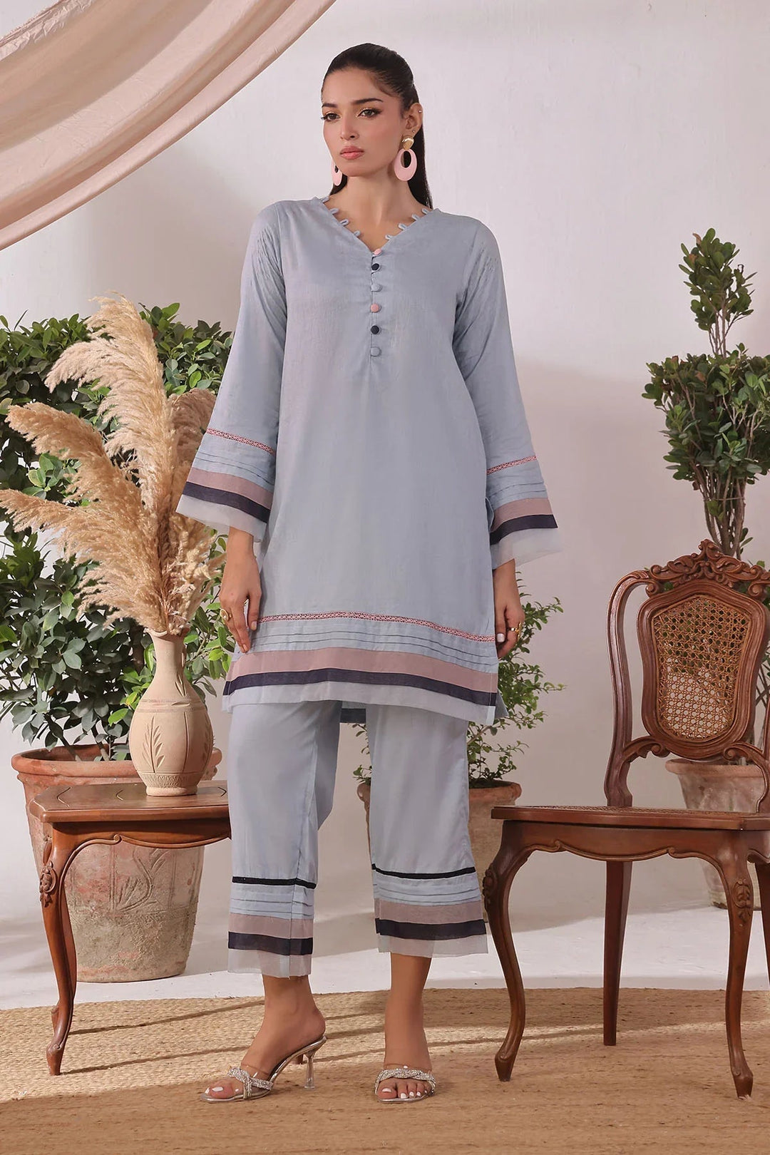 Ochre Women RTW Jacquard 2 Piece Suit Blue Cotton Jacquard - Festive Collection