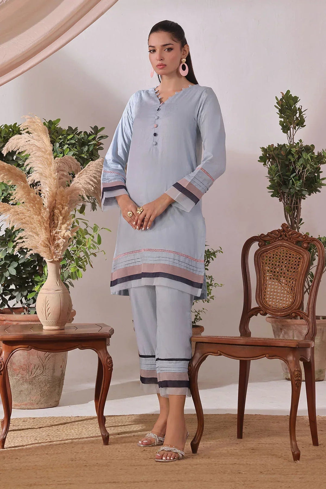 Ochre Women RTW Jacquard 2 Piece Suit Blue Cotton Jacquard - Festive Collection
