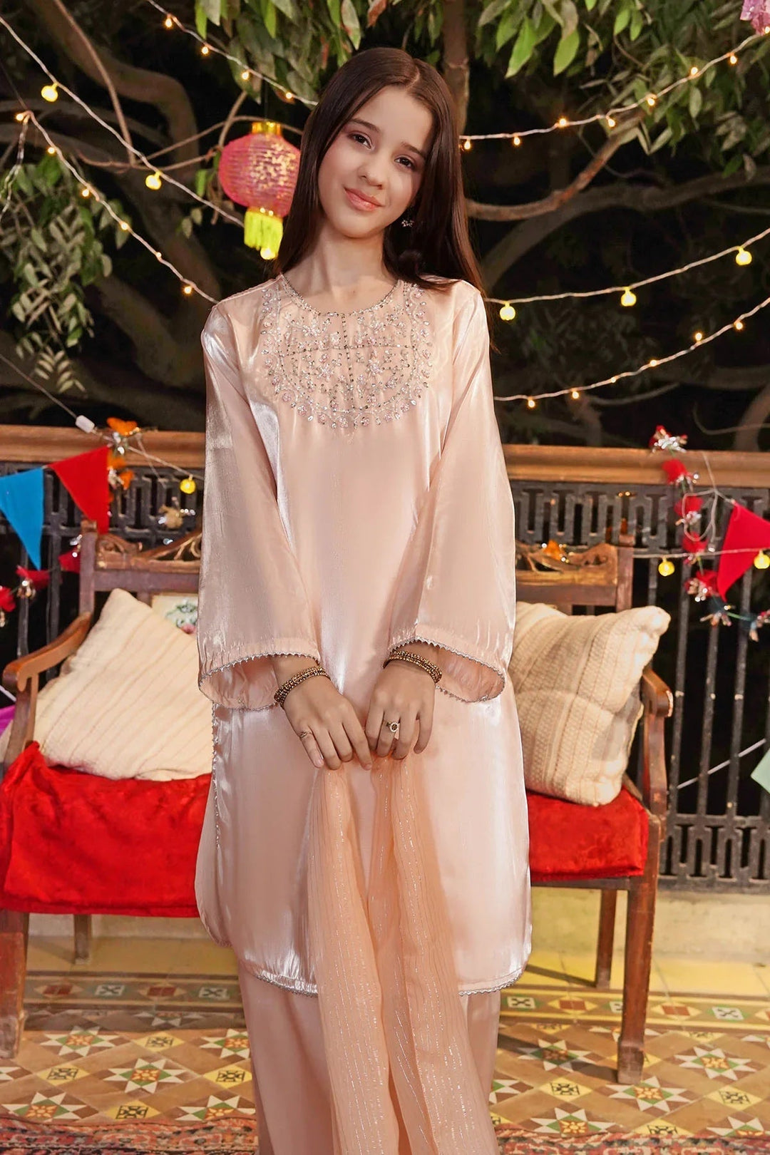 Ochre Girls RTW Silk 3 Piece Suit Peach Korean Silk Kurta With Hand Adda Work and Malai Crepe Lining - Festive Collection