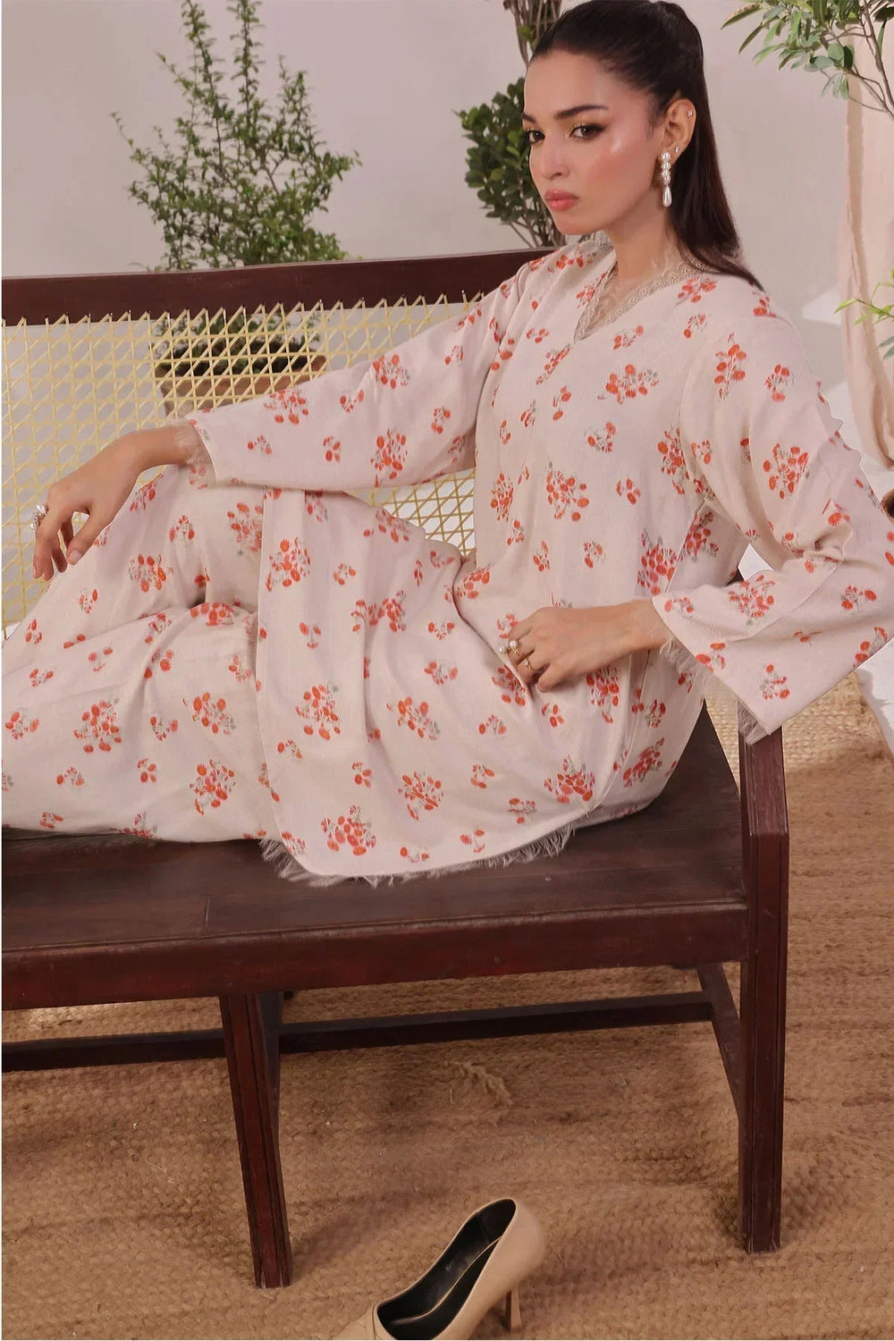 Ochre Women RTW Cotton 2 Piece Suit Beige Printed Chambray Cotton - Festive Collection