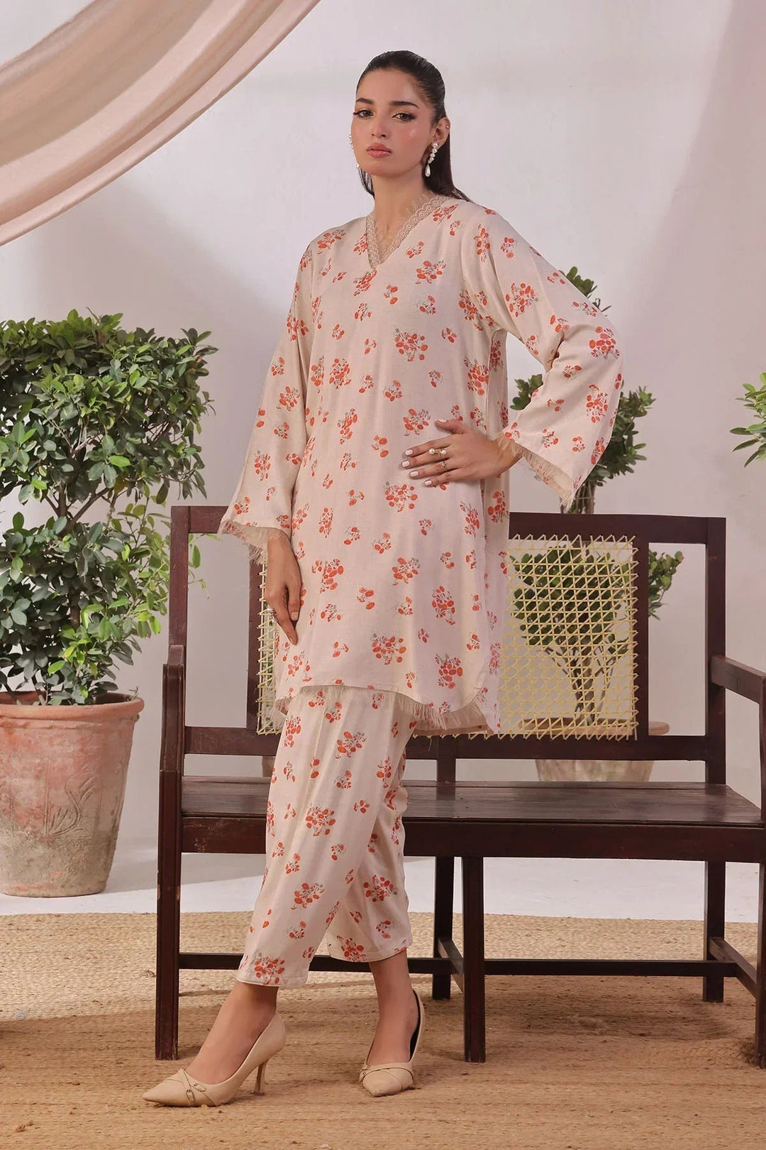 Ochre Women RTW Cotton 2 Piece Suit Beige Printed Chambray Cotton - Festive Collection