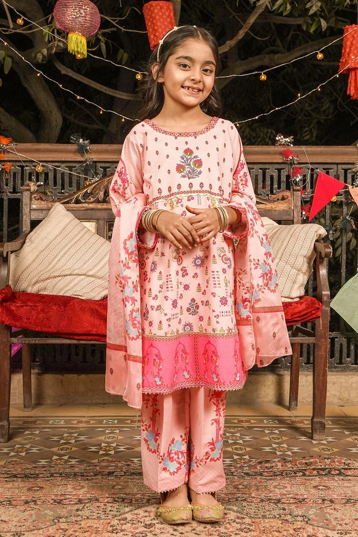 Ochre Girls RTW Poly 3 Piece Suit Peach Poly Lawn Digital Printed Kurta with Gota Laces - Festive Collection