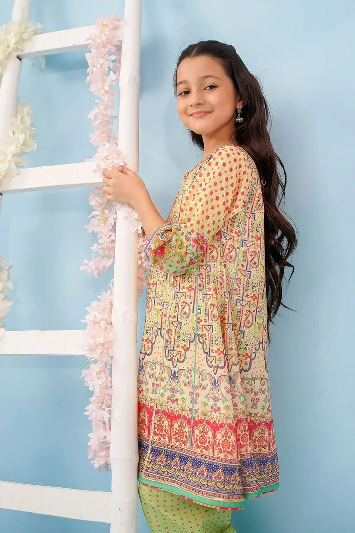 Ochre Girls RTW Poly 3 Piece Suit Beige Poly Lawn Digital Printed Kurta with Gota Laces - Festive Collection