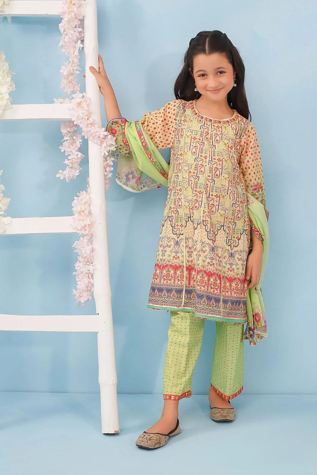 Ochre Girls RTW Poly 3 Piece Suit Beige Poly Lawn Digital Printed Kurta with Gota Laces - Festive Collection