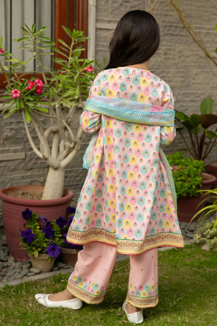 Ochre Girls RTW Poly 3 Piece Suit Peach Poly Lawn Digital Printed Kurta - Festive Collection