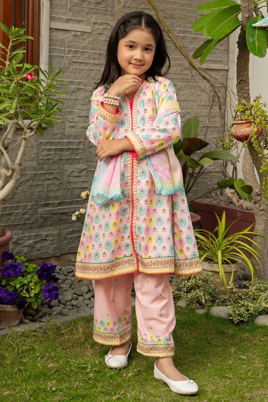 Ochre Girls RTW Poly 3 Piece Suit Peach Poly Lawn Digital Printed Kurta - Festive Collection