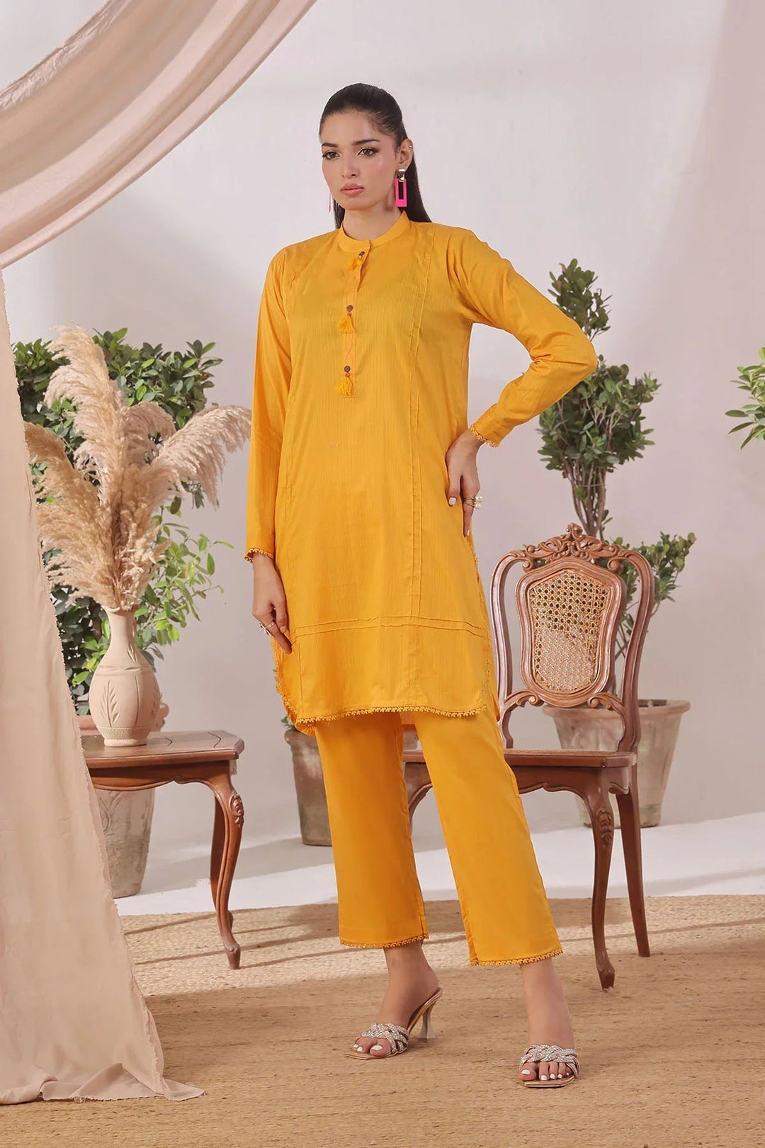 Ochre Women RTW Cotton 2 Piece Suit Mustard Yellow Chambray Cotton - Festive Collection