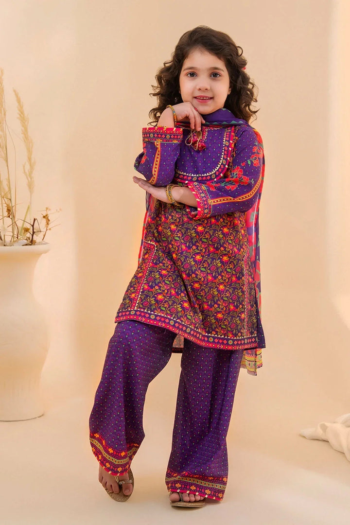 Ochre Girls RTW Poly 3 Piece Suit Purple Poly Lawn Digital Printed Kurta with Gota Laces - Festive Collection