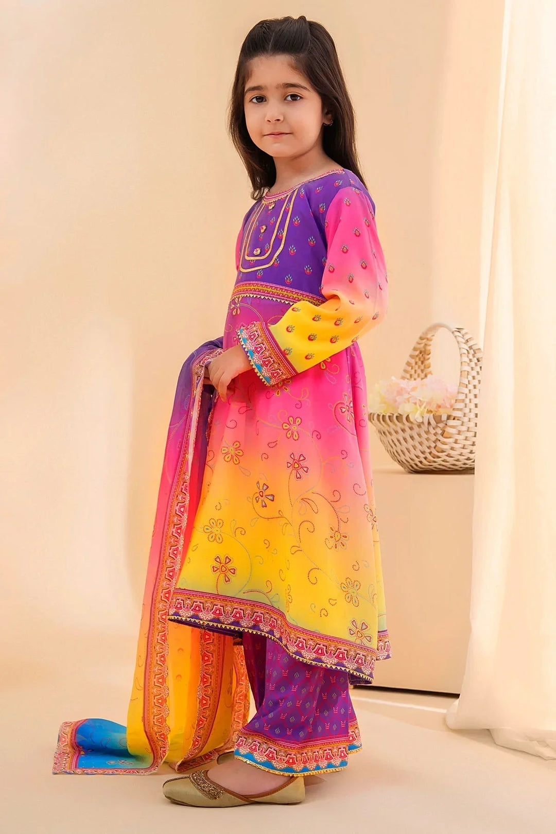 Ochre Girls RTW Poly 3 Piece Suit Purple Pink and Lemon Yellow Tie and Dye Poly Lawn Digital Printed Kurta - Festive Collection