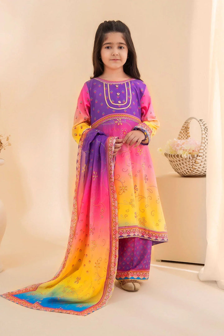 Ochre Girls RTW Poly 3 Piece Suit Purple Pink and Lemon Yellow Tie and Dye Poly Lawn Digital Printed Kurta - Festive Collection
