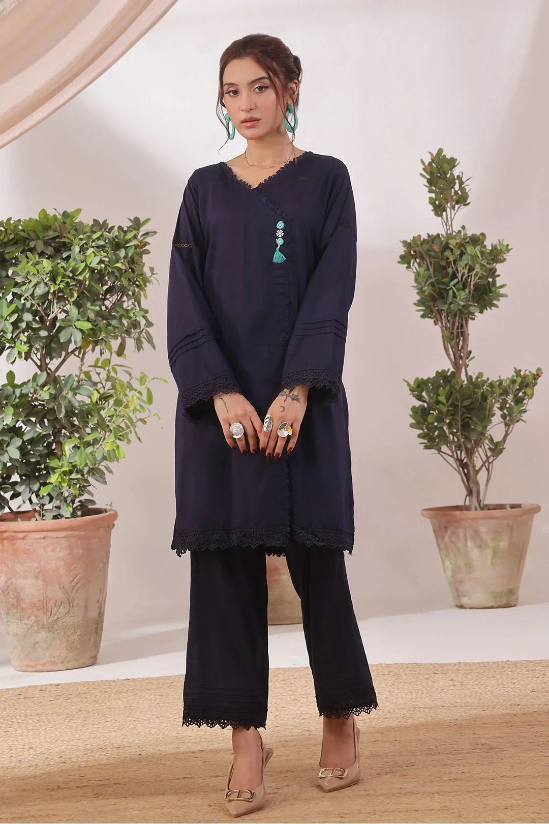 Ochre Women RTW Cotton 2 Piece Suit Navy Blue Chambray - Festive Collection