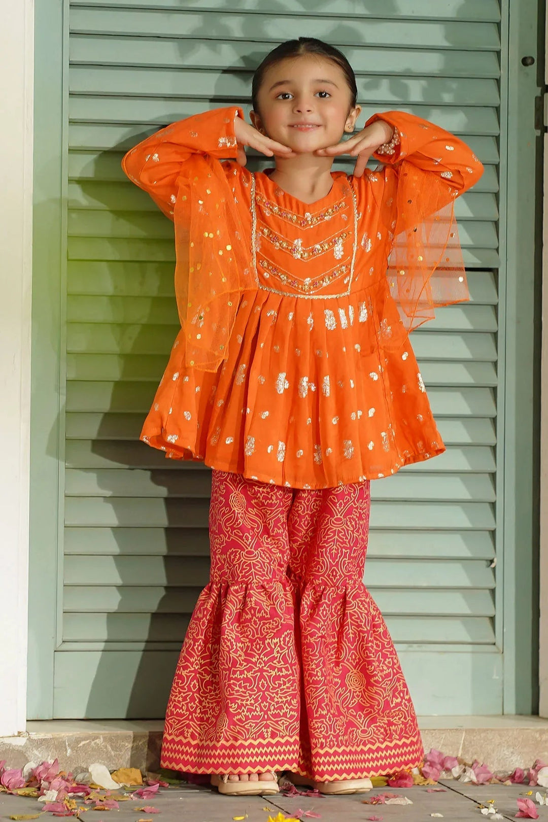 Ochre RTW Embroidered Girls 3 Piece Jacquard Hand Adda Work INMHD-03 - Winter Collection