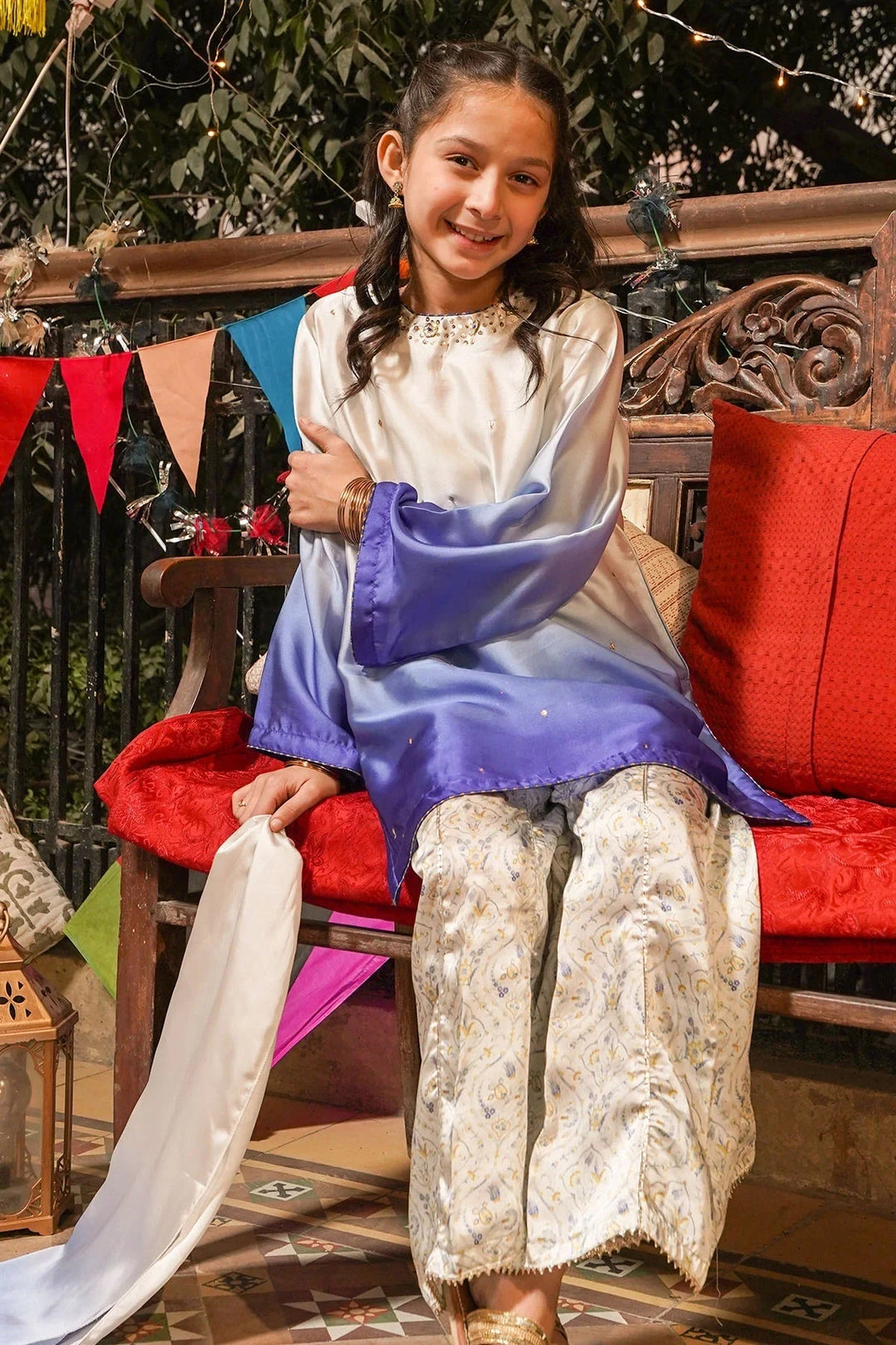 Ochre Girls RTW Silk 3 Piece Suit Off White and Royal Blue Tie &amp; Dye Charmeuse Silk Kurta With Hand Adda Work - Festive Collection