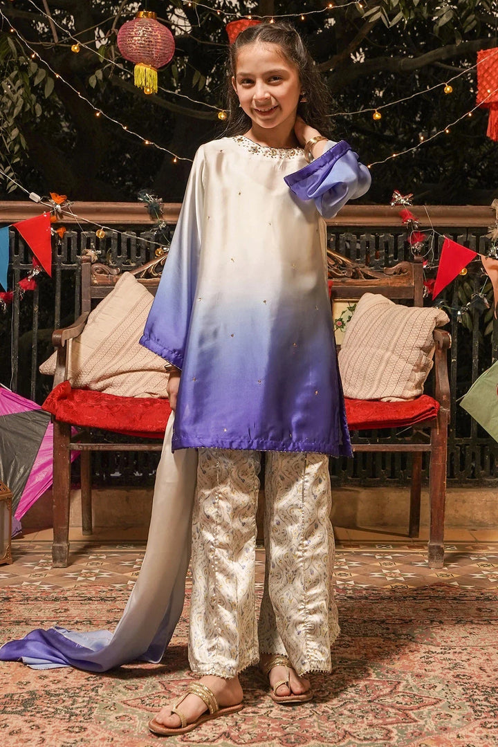 Ochre Girls RTW Silk 3 Piece Suit Off White and Royal Blue Tie &amp; Dye Charmeuse Silk Kurta With Hand Adda Work - Festive Collection