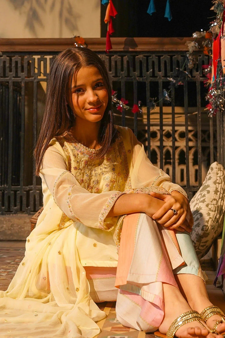Ochre Girls RTW Chiffon 3 Piece Suit Lemon Yellow Chiffon Kurta With Embroidery and Malai Crepe Lining - Festive Collection