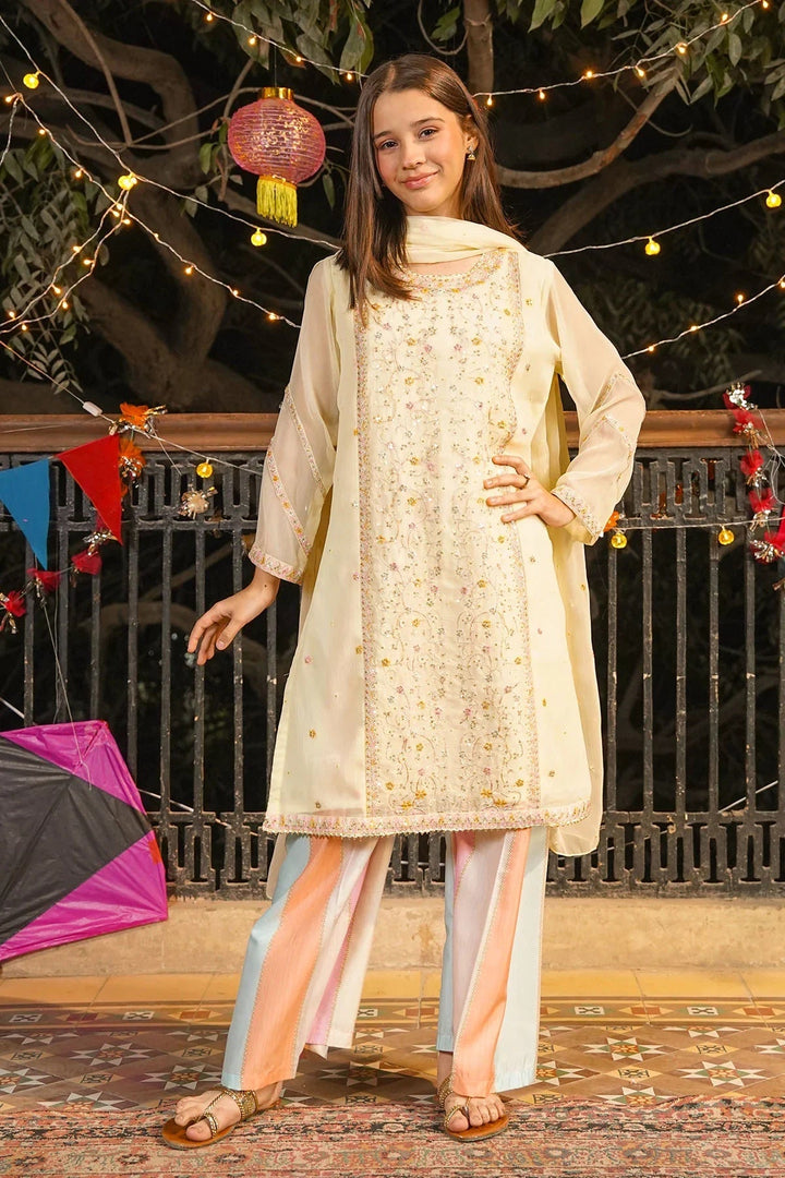 Ochre Girls RTW Chiffon 3 Piece Suit Lemon Yellow Chiffon Kurta With Embroidery and Malai Crepe Lining - Festive Collection