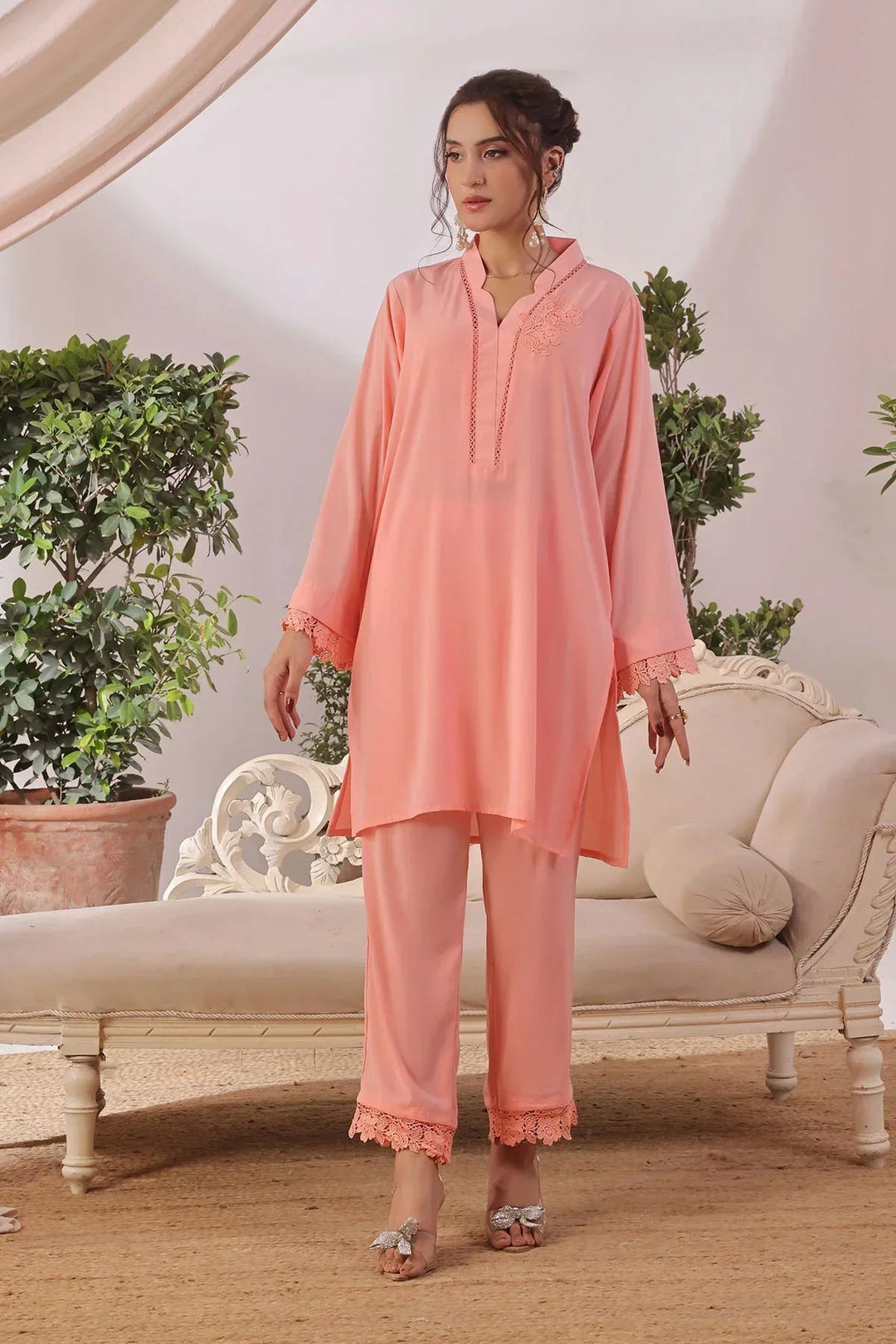 Ochre Women RTW Silk 2 Piece Suit Peach Silk - Festive Collection