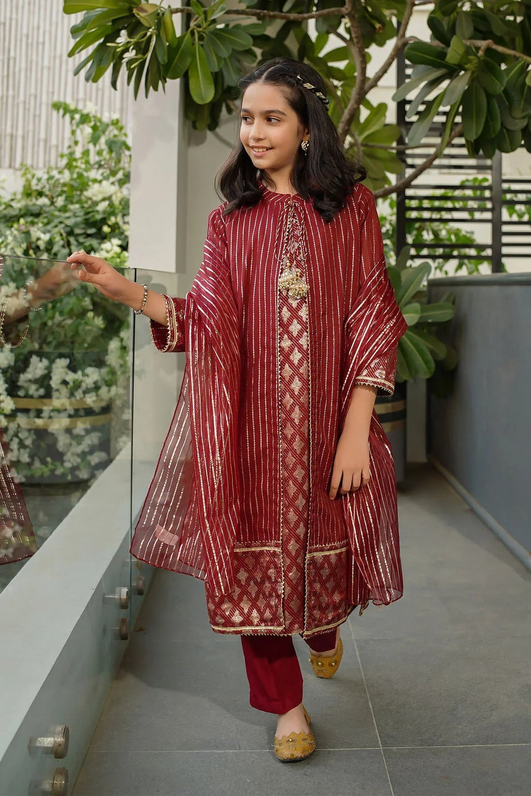 Ochre RTW Embroidered Girls 3 Piece Jacquard Hand Adda Work SHD-12 - Winter Collection