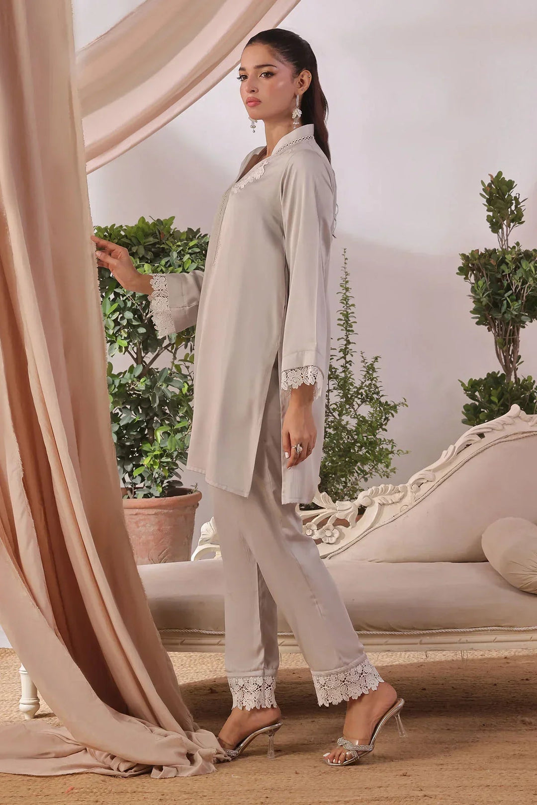 Ochre Women RTW Silk 2 Piece Suit Grey Silk - Festive Collection