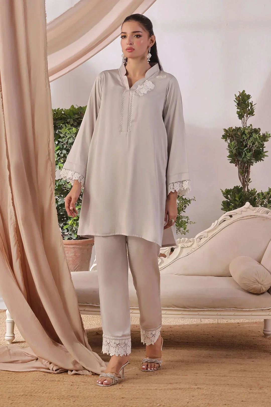Ochre Women RTW Silk 2 Piece Suit Grey Silk - Festive Collection
